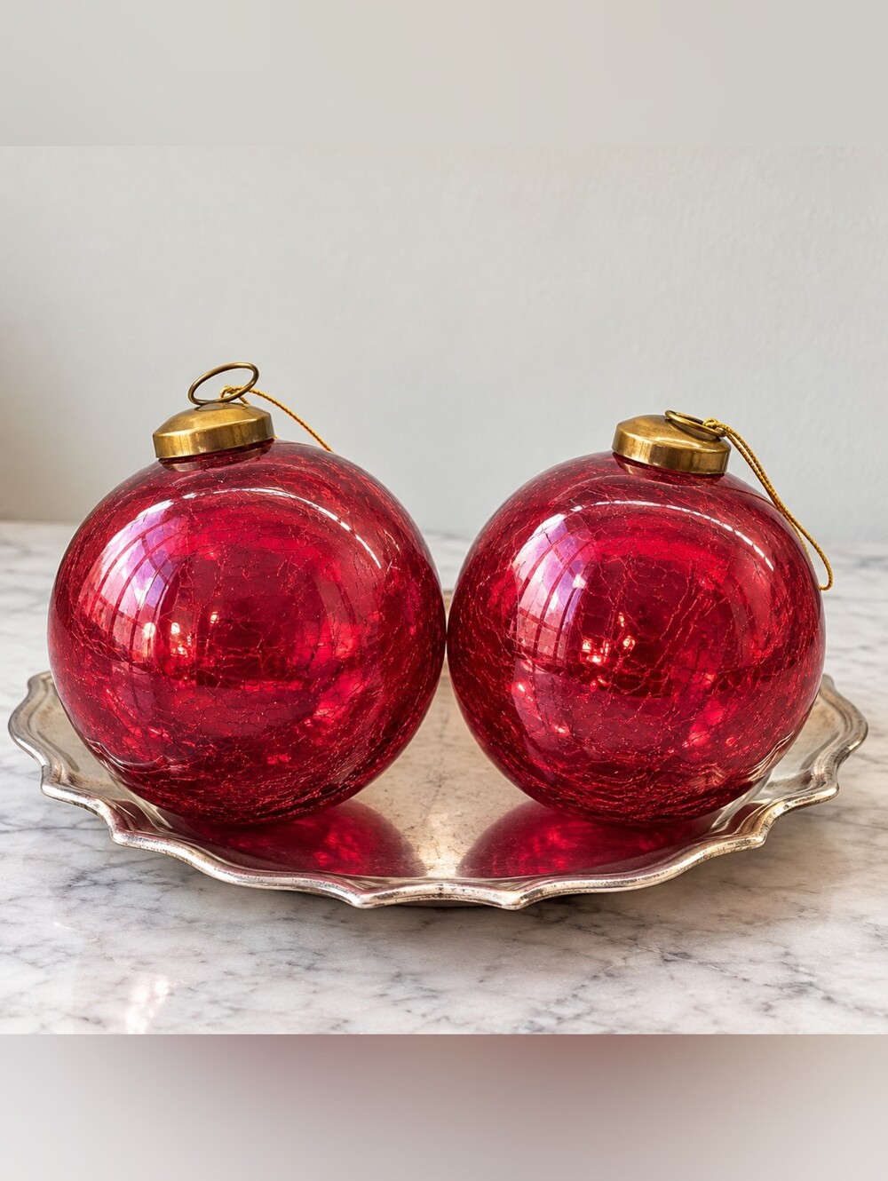 Restoration Hardware Red Crackle Glass Christmas Ornaments 4" Set of 2